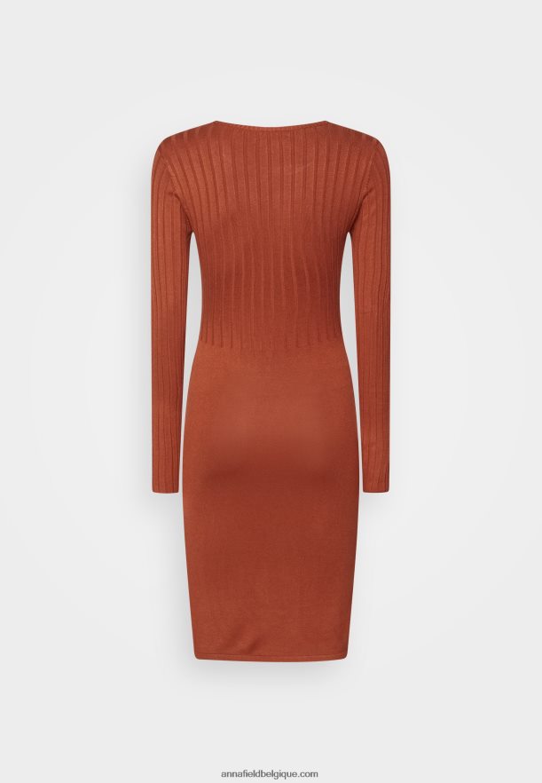 femmes crew ausschnitt ripp top bodycon mini srickkleid robe droite marron Anna FieldNHH26B202