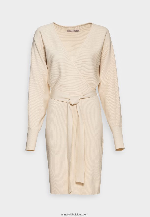 femmes wrap v ausschnitt mini srickkleid mit grtel robe droite blanc cassé Anna FieldNHH26B203