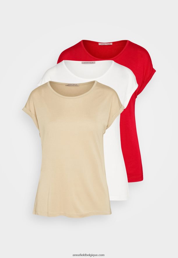 femmes Lot de 3 t-shirts basiques beige/blanc cassé/rouge Anna FieldNHH26B301