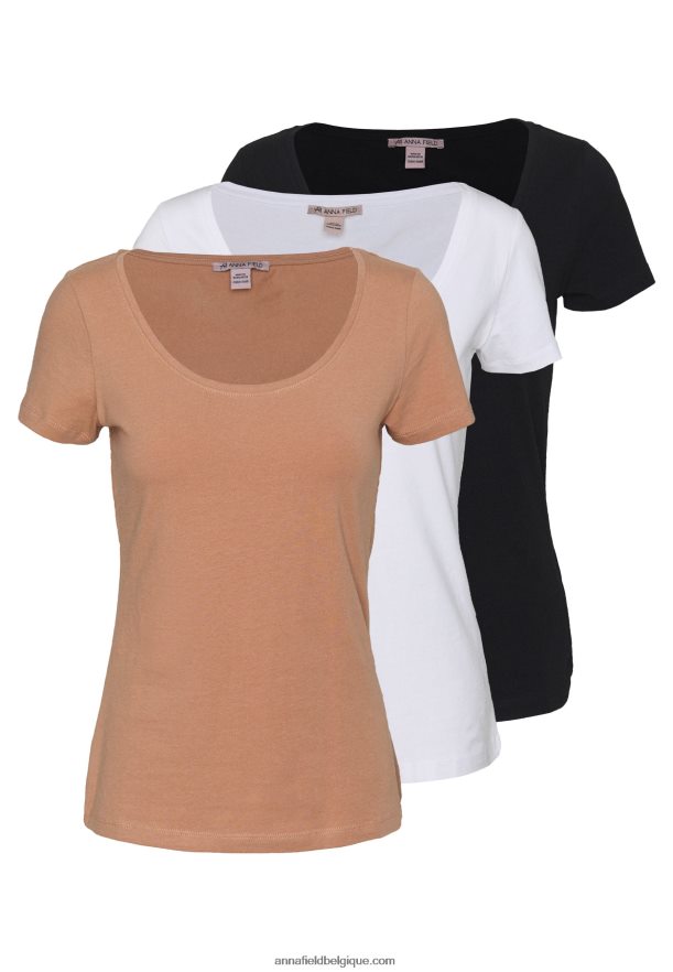 femmes Lot de 3 t-shirts basiques blanc/camel/noir Anna FieldNHH26B380