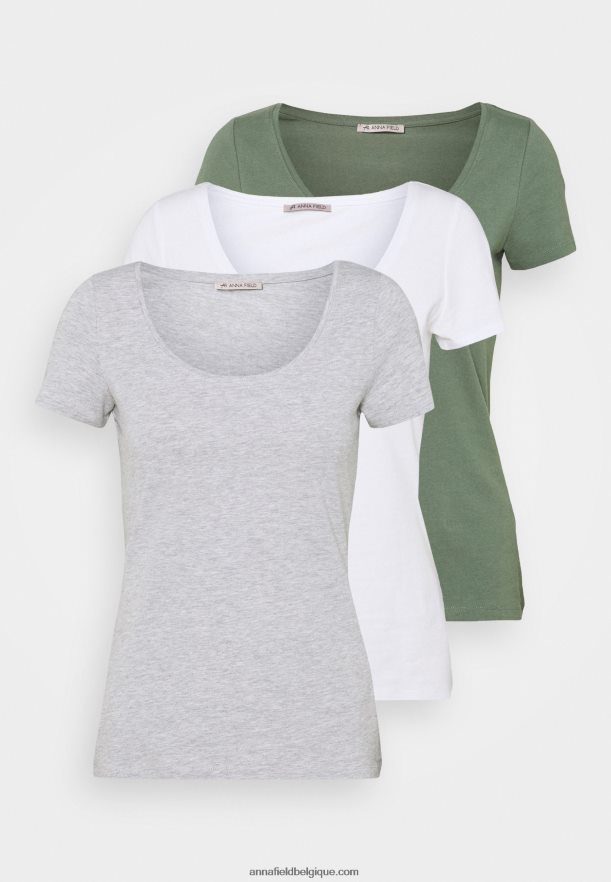 femmes Lot de 3 t-shirts basiques blanc/gris clair chiné/vert clair Anna FieldNHH26B342