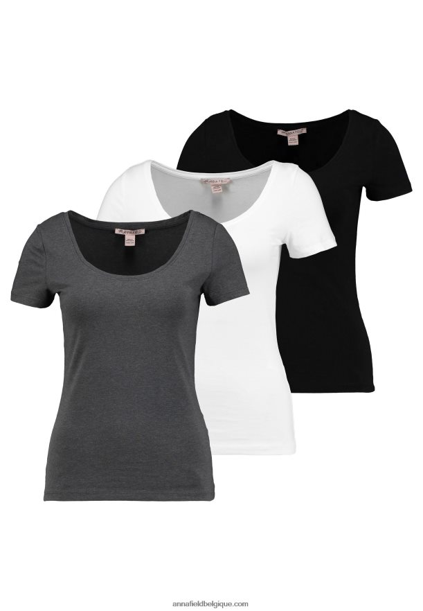 femmes Lot de 3 t-shirts basiques blanc/noir/gris foncé Anna FieldNHH26B312